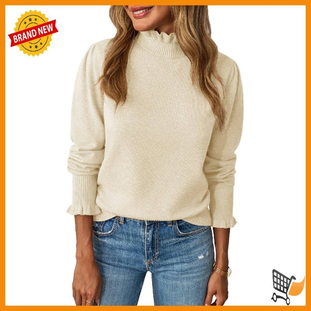 Ruffle Mock Neck Puff Sleeve Sweater Soft Knit Pullover Women's Fall Top